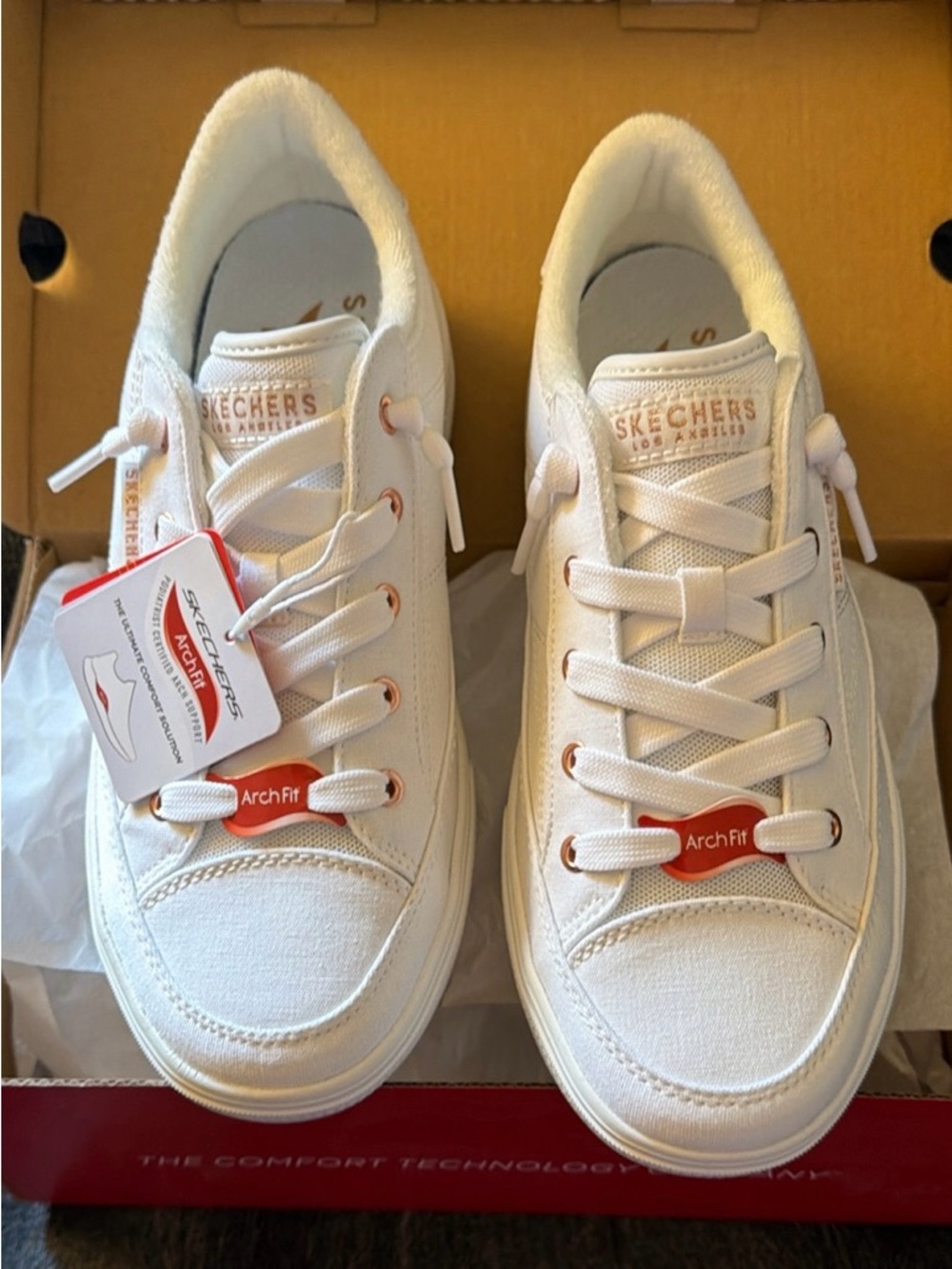 Skechers White Canvas Arch Fit Sneakers with Rose Gold Accents